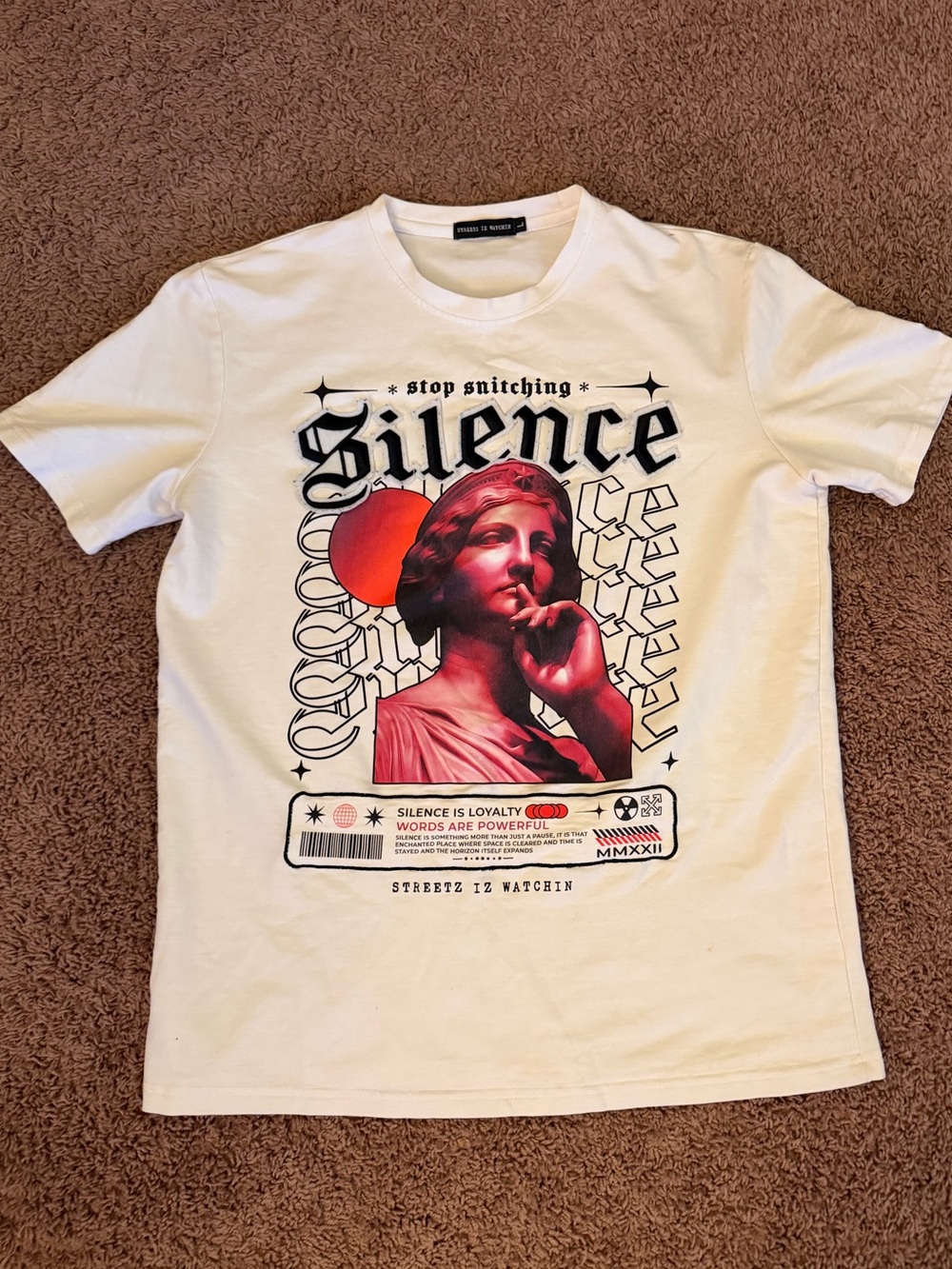 Silence Graphic Tee - White with Red Accent